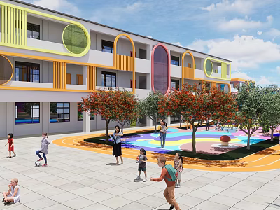 Vibrant Multi Story School Building Exterior With Circular Design Playground Red Trees And Kids Playing 3d model