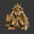 Golden Horned Fantasy Creature Character Holding Large Hammer With Sharp Claws And Metallic Texture