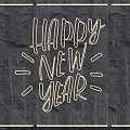 Neon Lighting Combination with Happy New Year Text Square Frame and Dark Stone Wall Background