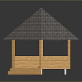Modern Wooden Gazebo With Conical Tile Roof Platform And Person Standing Inside