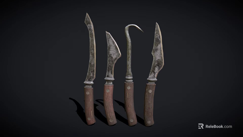 Five Vintage Kitchen Knives With Wooden Handles And Rusty Blades 3d model 