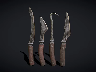 Five Vintage Kitchen Knives With Wooden Handles And Rusty Blades 3d model