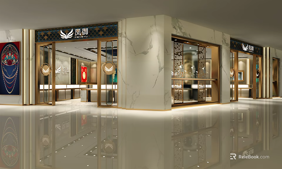 Elegant Jewelry Store Interior With Glass Display Cases Bright Lighting And Marble Decor 3d model 