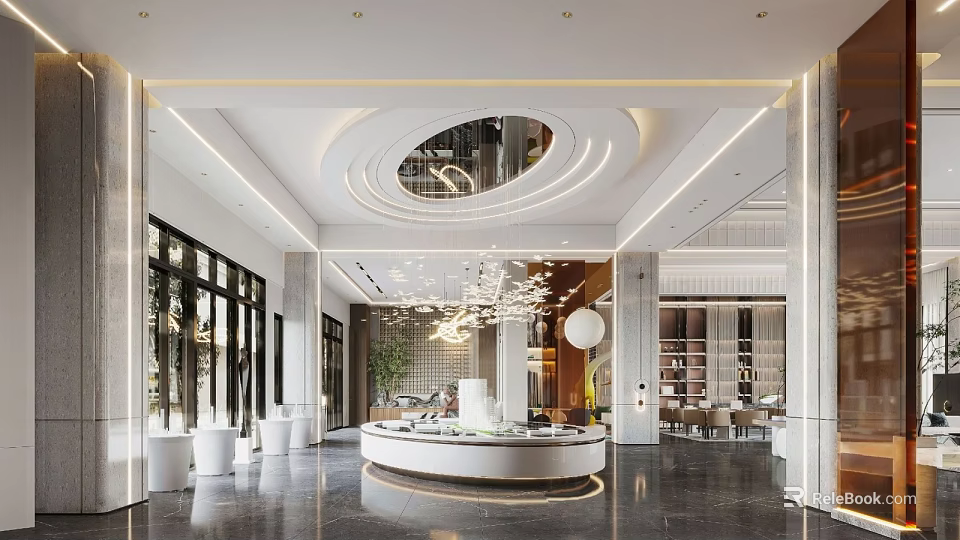 Modern Sales Office Interior Design With Circular Ceiling Chandelier And Reception Desk 3d model 