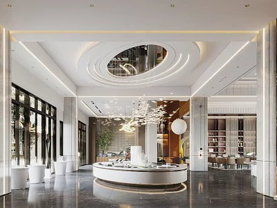 Modern Sales Office Interior Design With Circular Ceiling Chandelier And Reception Desk 3d model