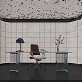 Modern Office Interior With Glass Desk Brown Chair Textured Ceiling And White Tile Wall