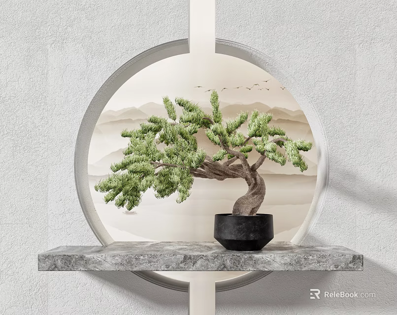 Bonsai Tree With Green Foliage On Marble Shelf And Circular Frame Landscape Background 3d model