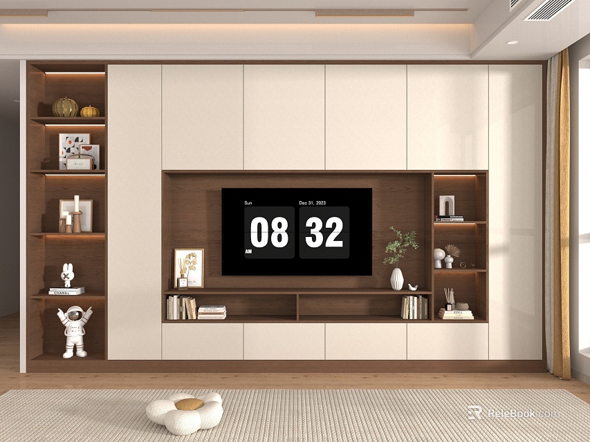 Modern TV Wall Unit With White Wooden Finish Decorative Items Books And TV Screen 3d model 