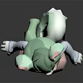 Cute 3D Cartoon Green Animal Sculpture with Pink Ears Red Eyes and Pink Overalls