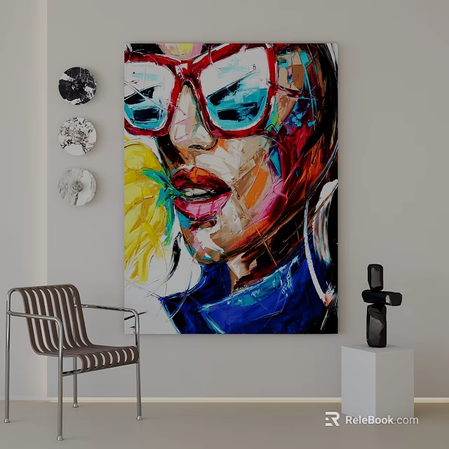 Colorful Female Portrait With Red Frame Glasses Yellow Blue Background Gray Chair Black Sculpture 3d model 