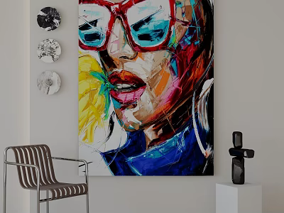 Colorful Female Portrait With Red Frame Glasses Yellow Blue Background Gray Chair Black Sculpture 3d model