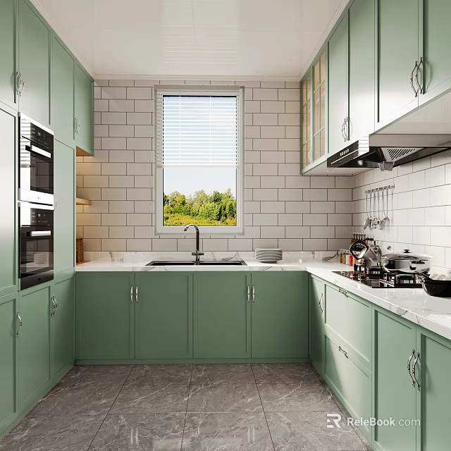 Bright Sunlit Mint Green Kitchen With White Tile Backsplash And Functional Modern Storage Cabinets 3d model 