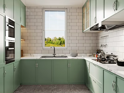 Bright Sunlit Mint Green Kitchen With White Tile Backsplash And Functional Modern Storage Cabinets 3d model