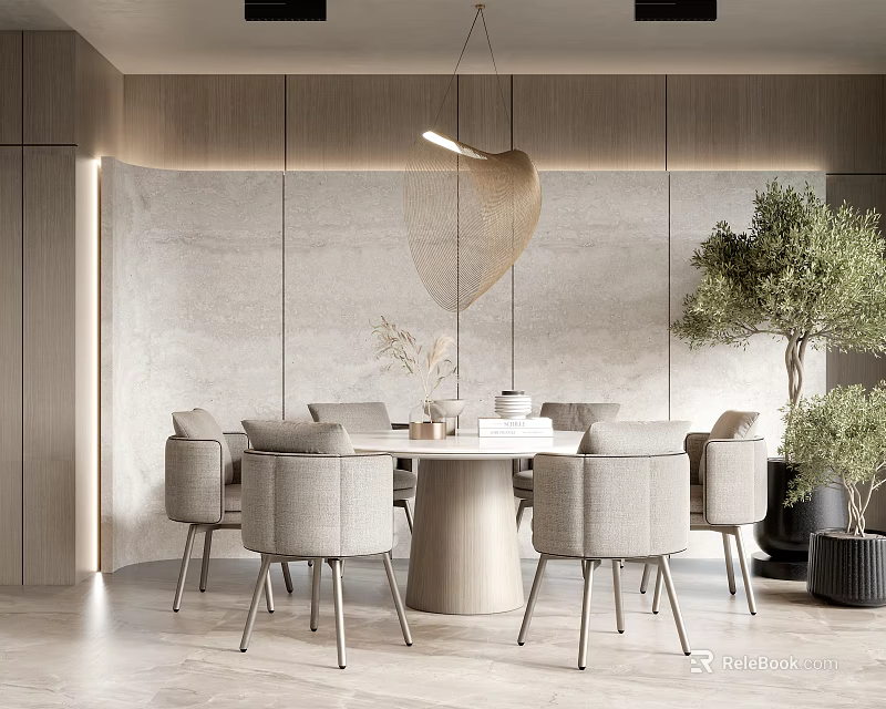 Modern Minimalist Restaurant Interior With Round Dining Table Light Gray Chairs And Designer Pendant Light 3d model 
