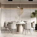 Modern Minimalist Restaurant Interior With Round Dining Table Light Gray Chairs And Designer Pendant Light