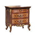 Classical Dark Brown Bedside Table with Gold Accents Two Drawers Diamond Patterns and Carved Legs
