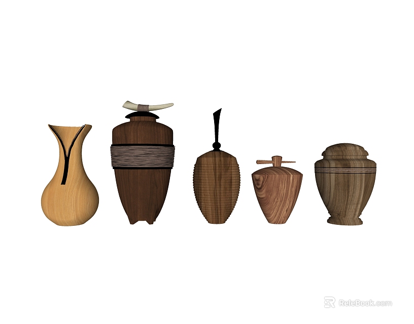 Five Unique Ceramic Vessels With Different Shapes And Artistic Wooden Texture Designs 3d model 