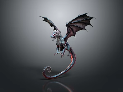 3D Fantasy Dragon Creature With Spread Black Wings And Curled Tail 3d model