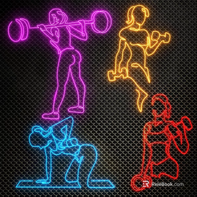 Neon Decorative Lights Featuring Fitness Figures In Various Colors On Black Grid Background 3d model 