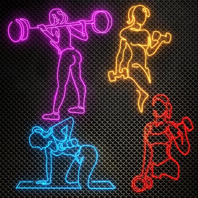 Neon Decorative Lights Featuring Fitness Figures In Various Colors On Black Grid Background 3d model