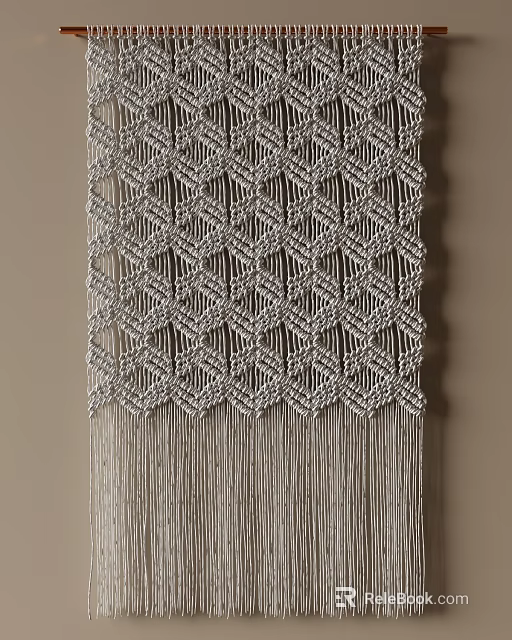 Handmade Macramé Wall Hanging With Geometric Pattern And Neutral Tassel Details For Home Decor 3d model 