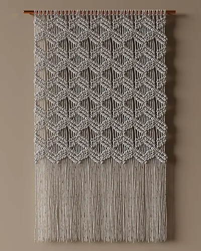 Handmade Macramé Wall Hanging With Geometric Pattern And Neutral Tassel Details For Home Decor 3d model