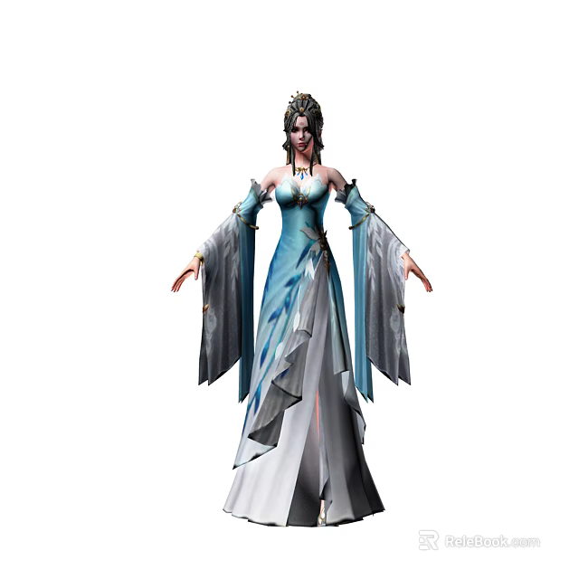 Woman In Traditional Ancient Style Blue Dress With Flowing Sleeves And Ornate Headdress 3d model 