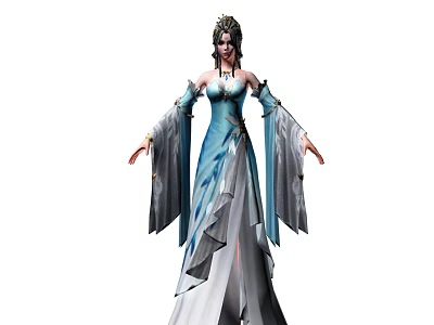 Woman In Traditional Ancient Style Blue Dress With Flowing Sleeves And Ornate Headdress 3d model