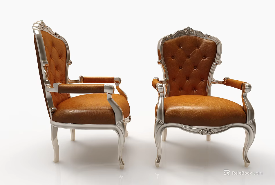 Vintage Brown Leather Armchair With Silver Metal Frame And Ornate Design 3d model 