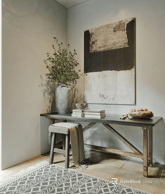 Minimalist Entryway Cabinet Sideboard With Vase Green Plants Books And Abstract Painting 3d model 