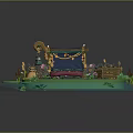 Cartoon Scene With Blue Platform Green Lotus Leaves Decorative Sofa Musical Instrument And Greenery
