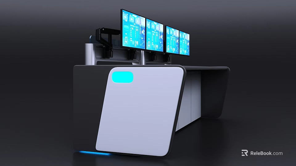 Modern Office Desk With Multiple Monitors Tech Inspired Design And Blue Lighting 3d model 