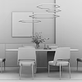 Modern Dining Table Set With Green White Chairs And Hanging Lights 3d model