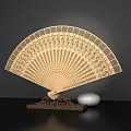 Wooden Fan Shaped Decorative Ornament Set With Carved Patterns Stand And White Spherical Accents