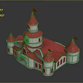 Fairy Tale Style Castle With Red Roof Spires And Flags On Gray Background