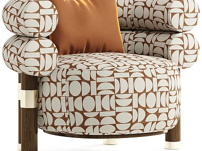 Modern Retro Armchair with Brown White Geometric Pattern Fabric Orange Cushion and Wooden Legs 3d model