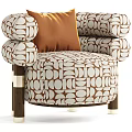Modern Retro Armchair with Brown White Geometric Pattern Fabric Orange Cushion and Wooden Legs