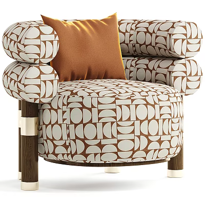 Modern Retro Armchair with Brown White Geometric Pattern Fabric Orange Cushion and Wooden Legs 3d model