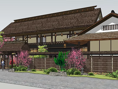 Traditional Guesthouse With Thatched Roof Wooden Structure Cherry Blossom Trees And Stone Wall 3d model