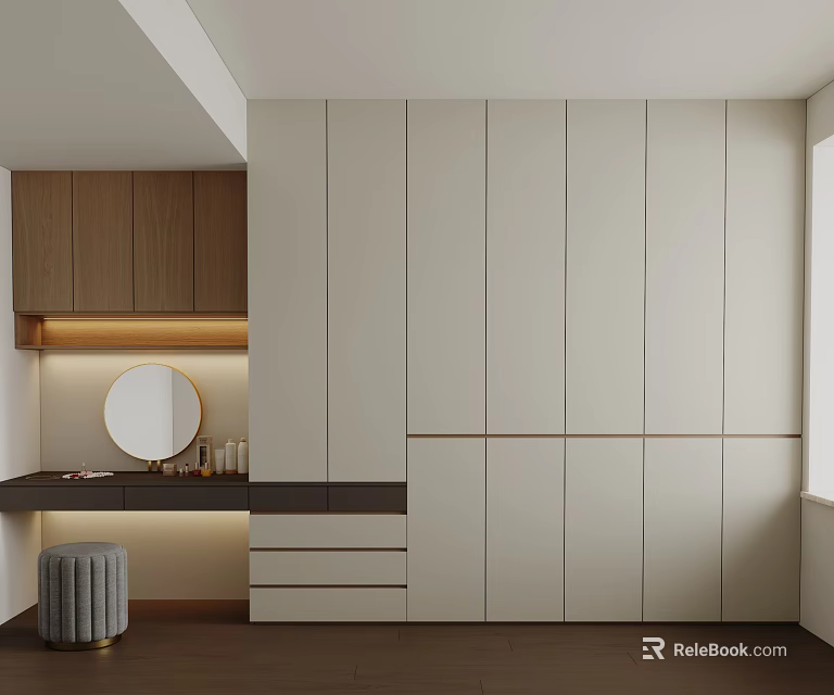 Modern Wardrobe Interior Design with White Panels Wooden Cabinet Round Mirror and Gray Stool 3d model 
