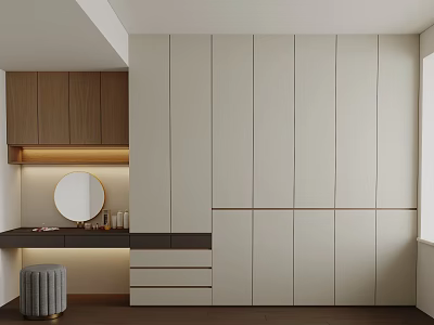 Modern Wardrobe Interior Design with White Panels Wooden Cabinet Round Mirror and Gray Stool 3d model