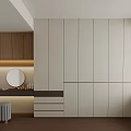 Modern Wardrobe Interior Design with White Panels Wooden Cabinet Round Mirror and Gray Stool