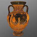 Ancient Style Two Handled Ceramic Vessel With Orange And Black Decorative Painted Patterns