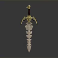 Ornate Sword With Golden Decorations Red Hilt Green Glowing Blade And Skeletal Design