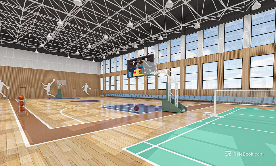 Indoor Basketball Court With Wooden Flooring Green Area Backboard Windows And Ceiling Lights 3d model 