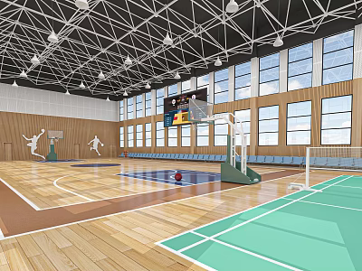 Indoor Basketball Court With Wooden Flooring Green Area Backboard Windows And Ceiling Lights 3d model