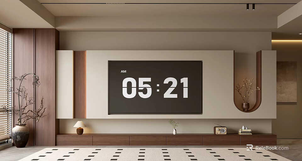 Modern Minimalist TV Wall Interior Design With Wooden Panels And Storage Cabinets 3d model 