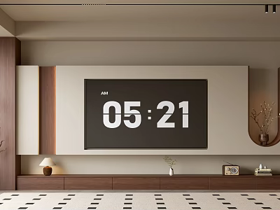 Modern Minimalist TV Wall Interior Design With Wooden Panels And Storage Cabinets 3d model