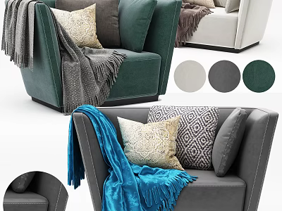 Stylish Modern Accent Chair with Decorative Pillows Soft Throw Blanket and Green Gray Color Options 3d model