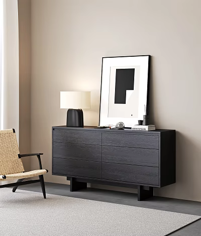 Black Modern Entryway Console Table With Table Lamp Decorative Painting And Books In Interior 3d model